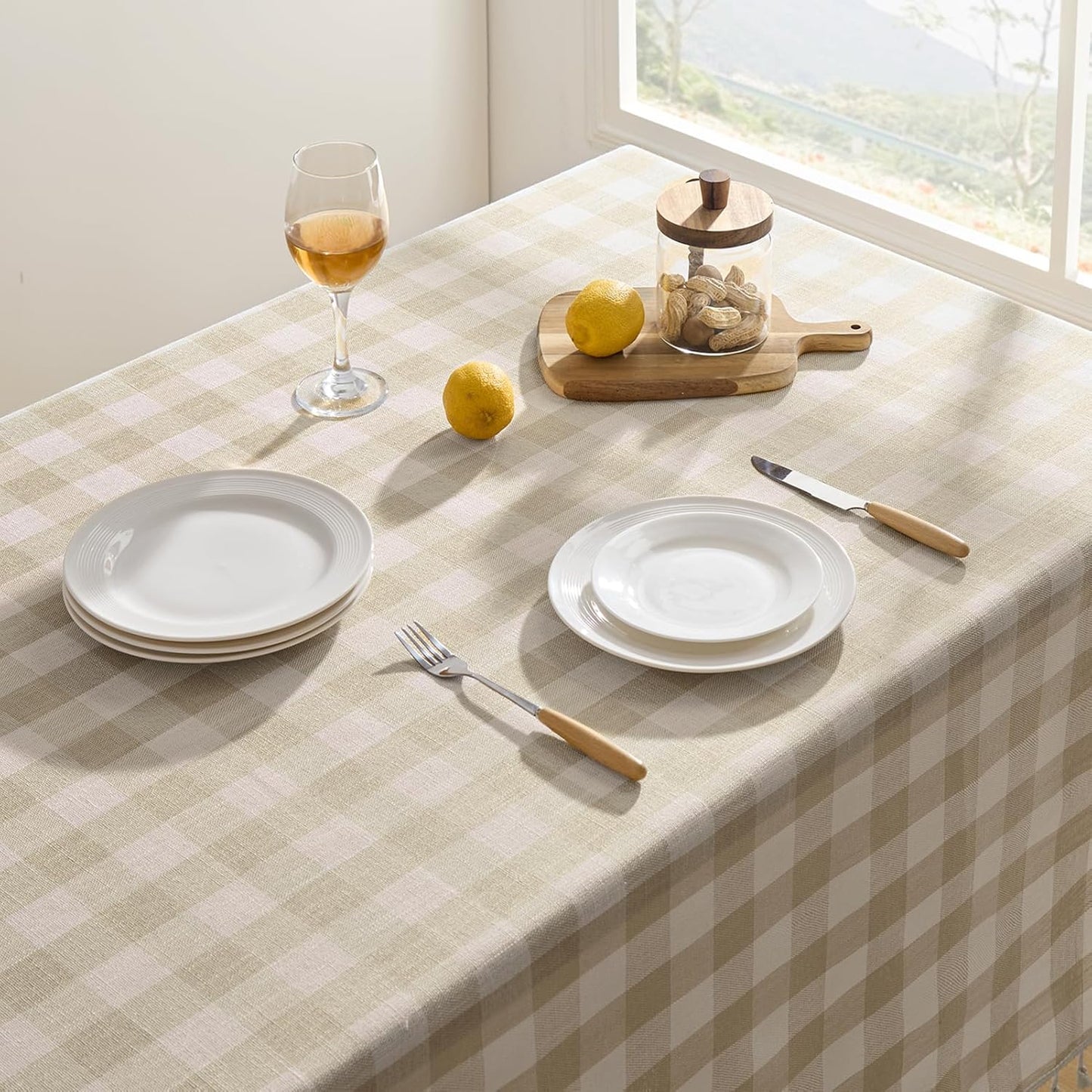 Softalker Checkered Tablecloth Rectangle, Heavy Weight Linen Gingham Outdoor Table Cloth with Tassel, Wrinkle Free Buffalo Plaid Table Cover for Dining/Party/Home - 55 x 102 Inch, Beige