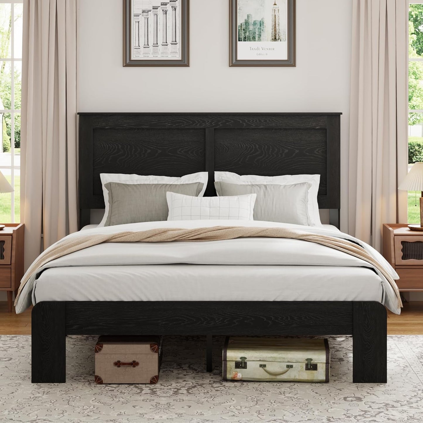 Wood Platform Bed Frame, Queen Size Bed Frame with Headboard and Wood Slat Support, Easy Assembly, No Box Spring Needed, Black