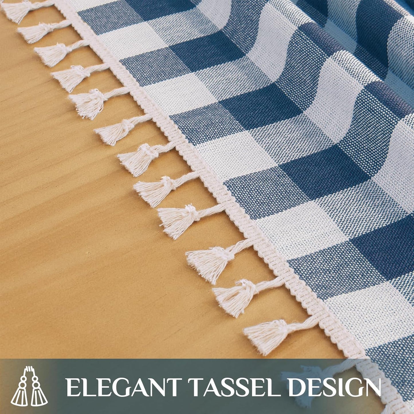 Softalker Checkered Tablecloth Rectangle, Heavy Weight Linen Gingham Boho Table Cloth with Tassel, Washable Wrinkle Free Buffalo Plaid Table Cover for Dining/Party/Outdoor - 55 x 120 Inch, Navy