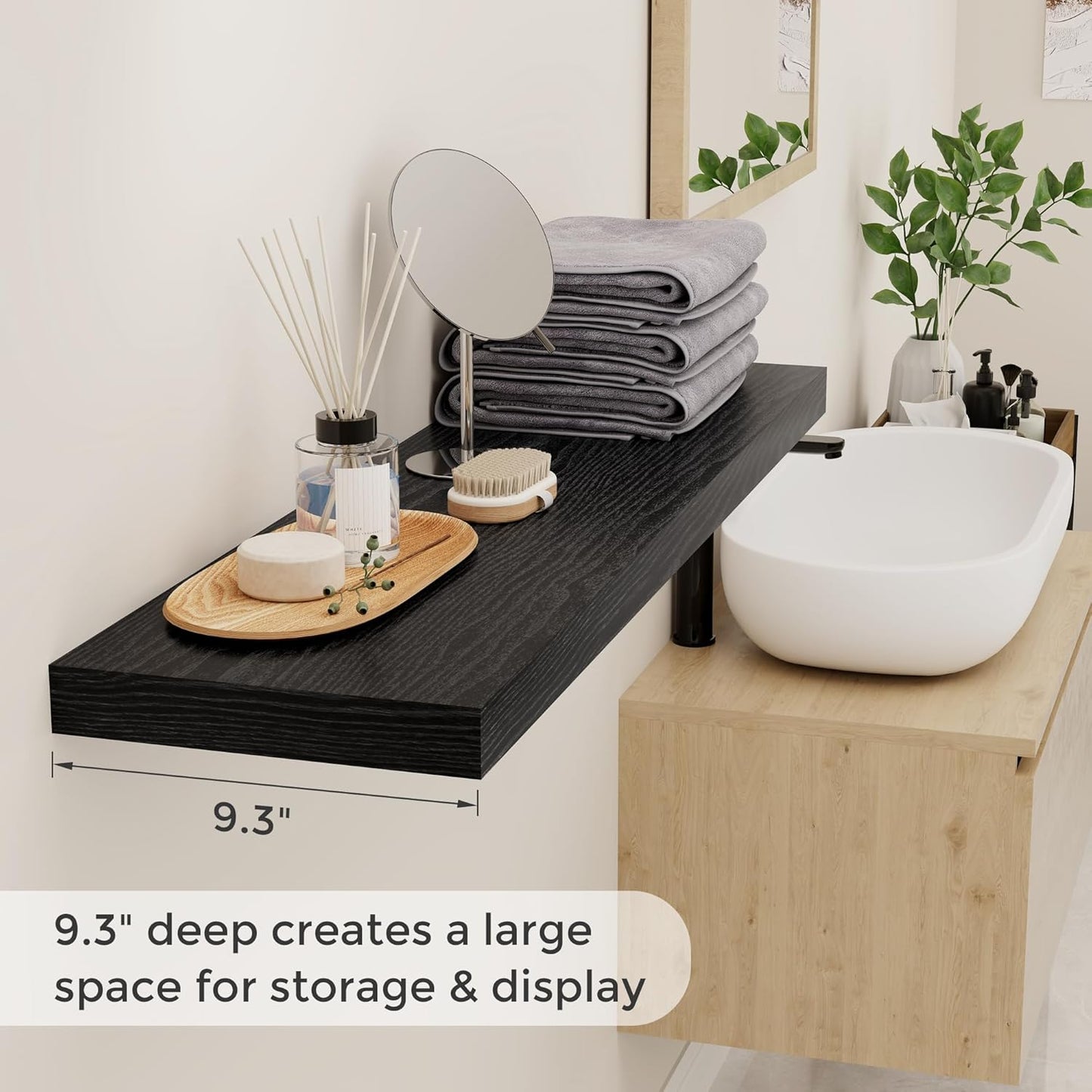 40 Inch Floating Shelves Black, 40" W x 9.3" D Floating Shelf Set of 2, Farmhouse Wood Wall Shelves for Bedroom, Kitchen, Wall Mounted Deep Shelving for Home Decor