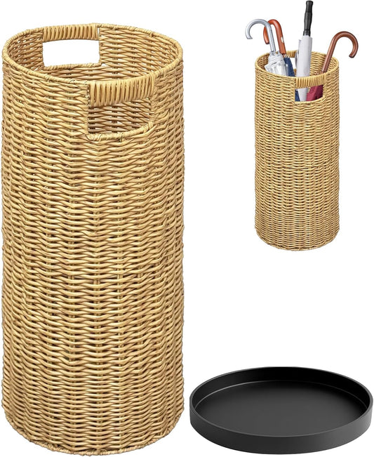 Rattan Umbrella Holder 20.8" H X 10" D,Handmade Wicker Umbrella Stand Indoor with Dip Tray,Sturdy Umbrella Holders for Entryway,Umbrella Bucket Fits Mudroom,Walking Canes,Home,Office (Oak)