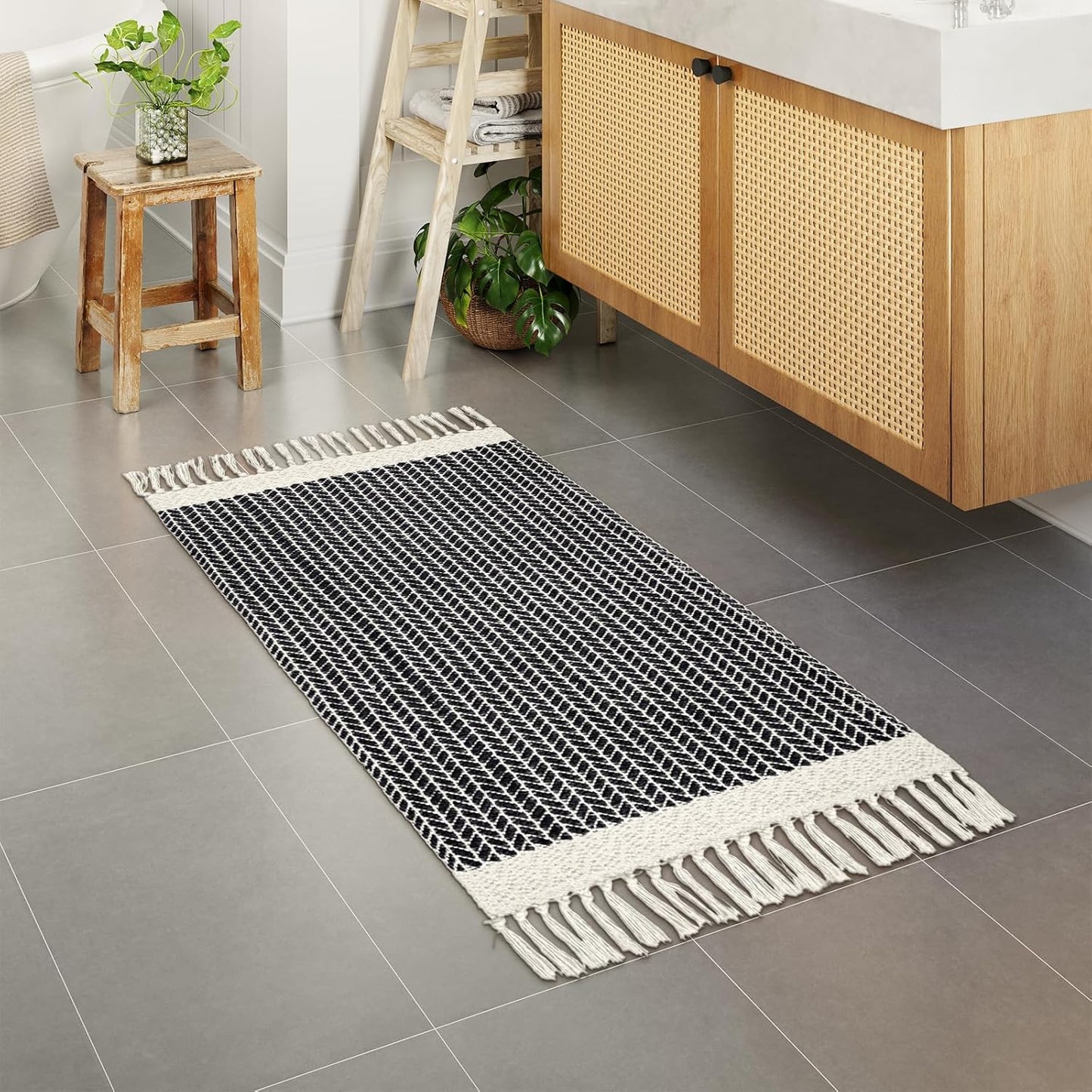 Lahome Boho Kitchen Runner, 2x4.3 Bathroom Runner Rugs Lightweight Entryway Rug Woven Cotton Throw Mat with Tassels, Farmhouse Non Shedding Washable Black Rug Low Pile Runners for Bedroom Doorway