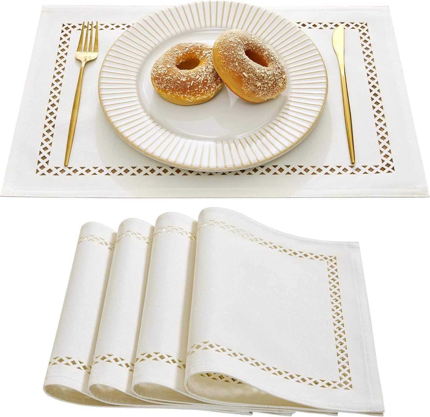 Burlap Placemats Set of 4, 12 x 18 Inch Rustic Geometric Hollow Place Mats, Heat Resistant Placemats for Farmhouse Kitchen Table Decor, Off White 4PCS