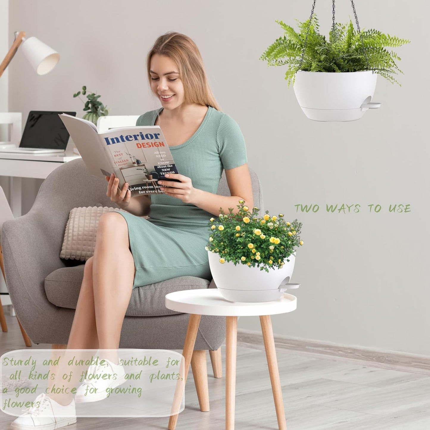 10 Inch Hanging Baskets 2 PC with Chains, Self-Watering Hanging Planters for Indoor Outdoor Plants, Plastic Hanging Flower Pots,White