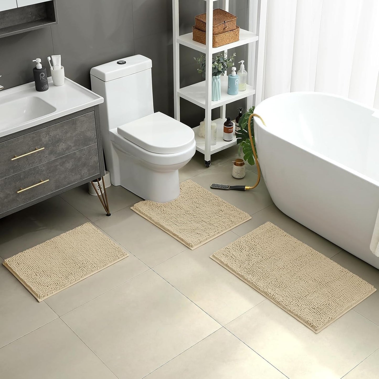 HOMEIDEAS 3 Pieces Bathroom Rugs, Ultra Soft Non Slip Absorbent Chenille Toilet Bath Mat Set (Beige,17"x24"+20"x32"+U Shape 20"x24")