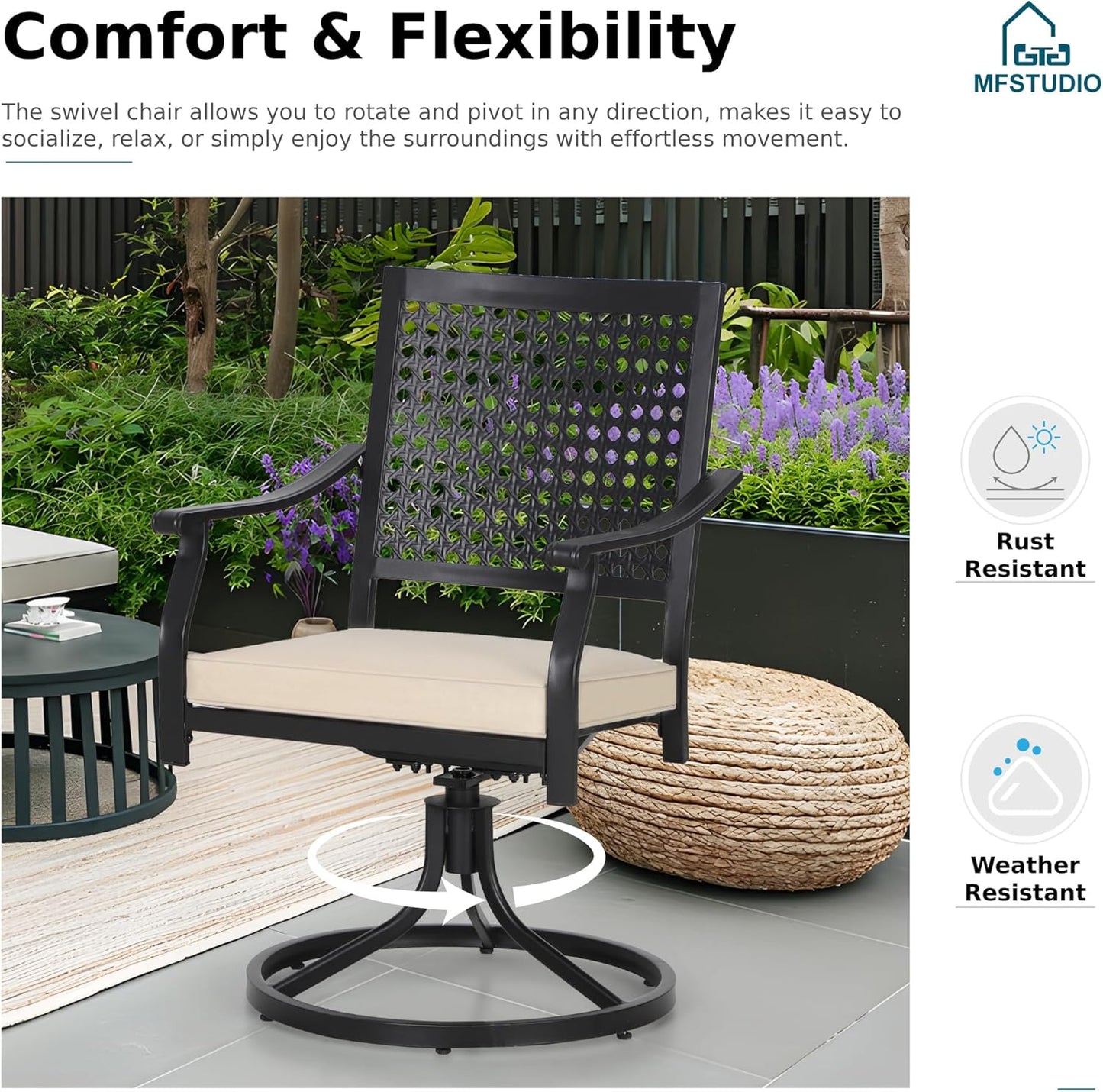 MFSTUDIO Patio Dining Set for 8, Outdoor Dining Set with Swivel Chairs, 9 Piece Metal Outdoor Patio Furniture Set for Deck Backyard Poolside Garden