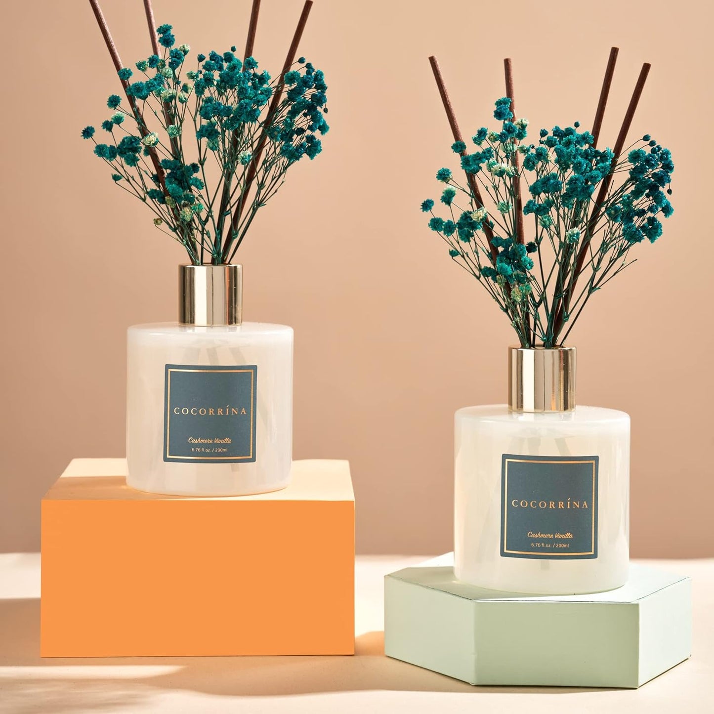 Cocorrína Premium Reed Diffuser Set with Preserved Baby's Breath & Cotton Stick Cashmere Vanilla 2 Packs, 6.7oz Scent Fragrance Oil Diffuser for Bedroom Bathroom Home Décor