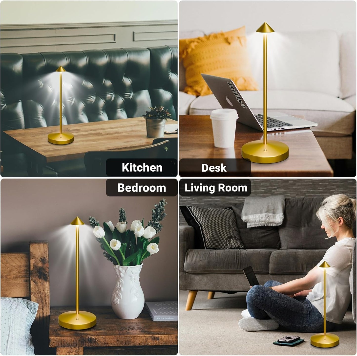 2Pack Cordless Table Lamp, Rechargeable Battery Operated Lamp 4000mAh with 3 Color Light Stepless Dimming Portable LED Desk Touch Table Lamp for Restaurant Nightstand Bedroom Living Room Gold