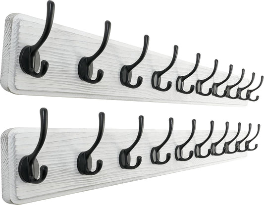 SKOLOO Rustic Wall Mounted Coat Rack, Case of 2, Pine Solid Wood Coat Hook Hanger - 10 Hooks for Hanging Clothes Robes Towels Coats