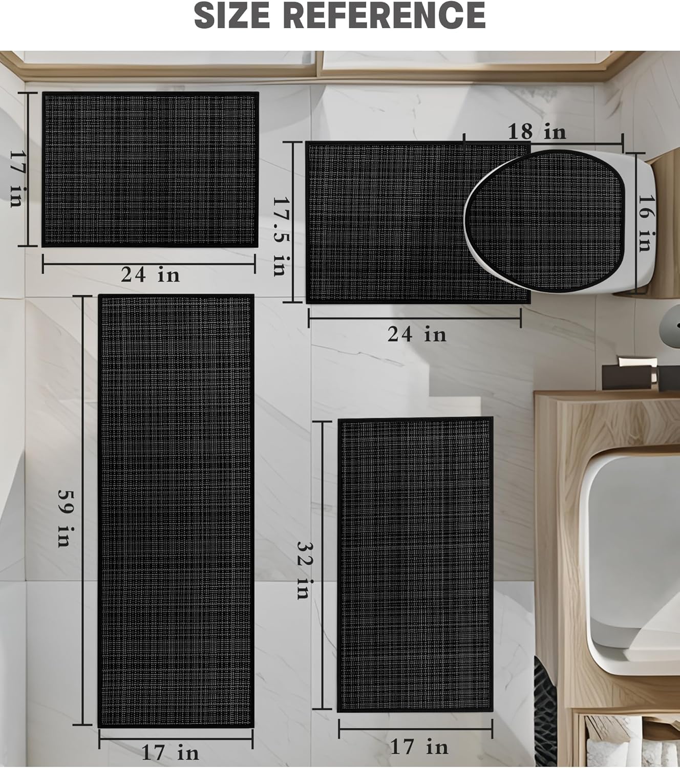 YIHOUSE Bathroom Rugs Sets 5 Pieces, Ultra Thin Bath Mats Fit Under Door, Absorbent Quickly Dry Rubber Backing Braided Bath Mat Set, Non Slip Washable Bath Rugs for Bathroom Floor