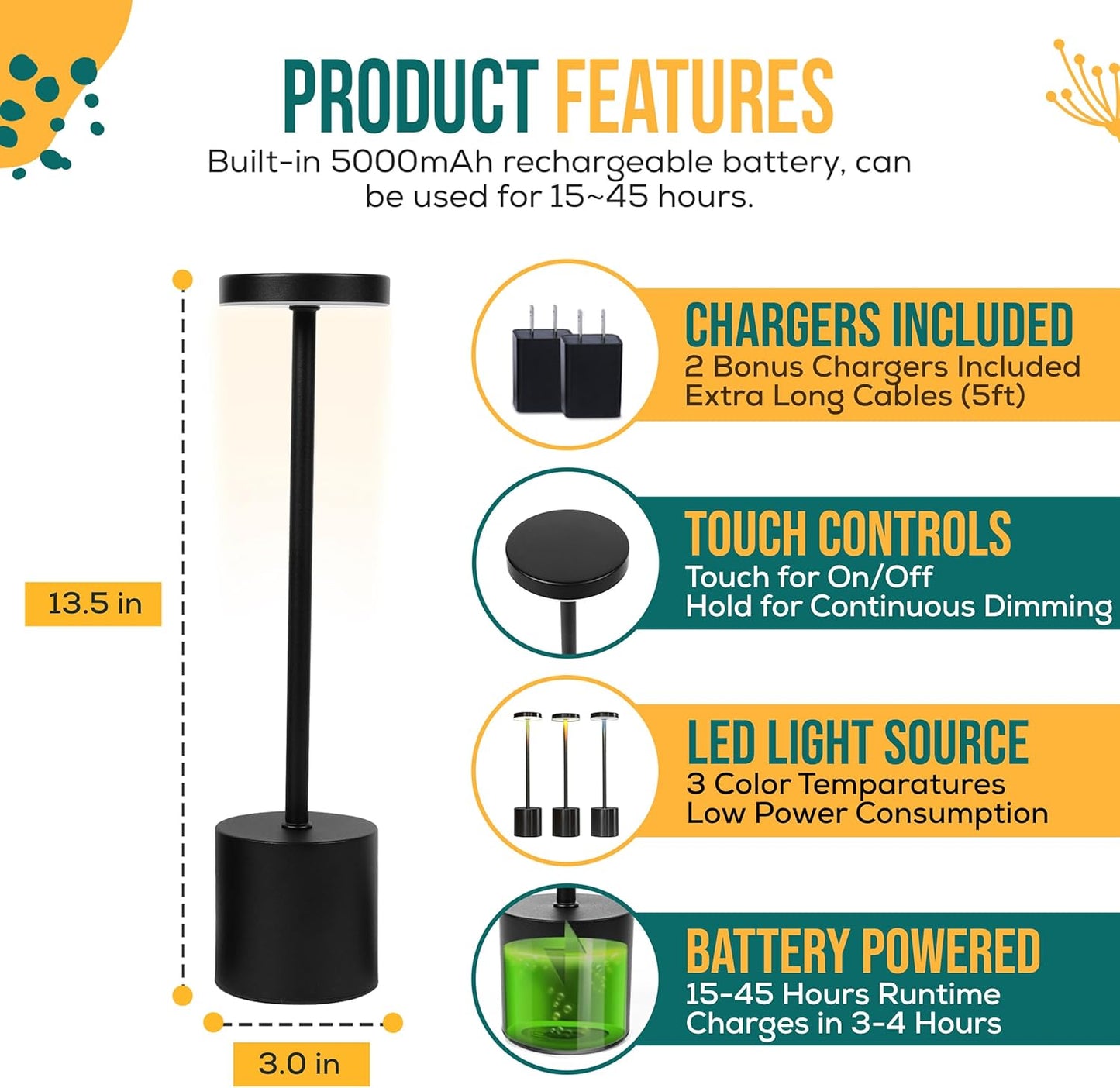 Cordless Table Lamp Pack of 2 (Black) Rechargeable Lights - Set of 2 USB Chargers Included - LED 3-Color Dimmable Lamps for Restaurant Dinner Dining Kitchen Coffee Table Patio and Portable Lighting