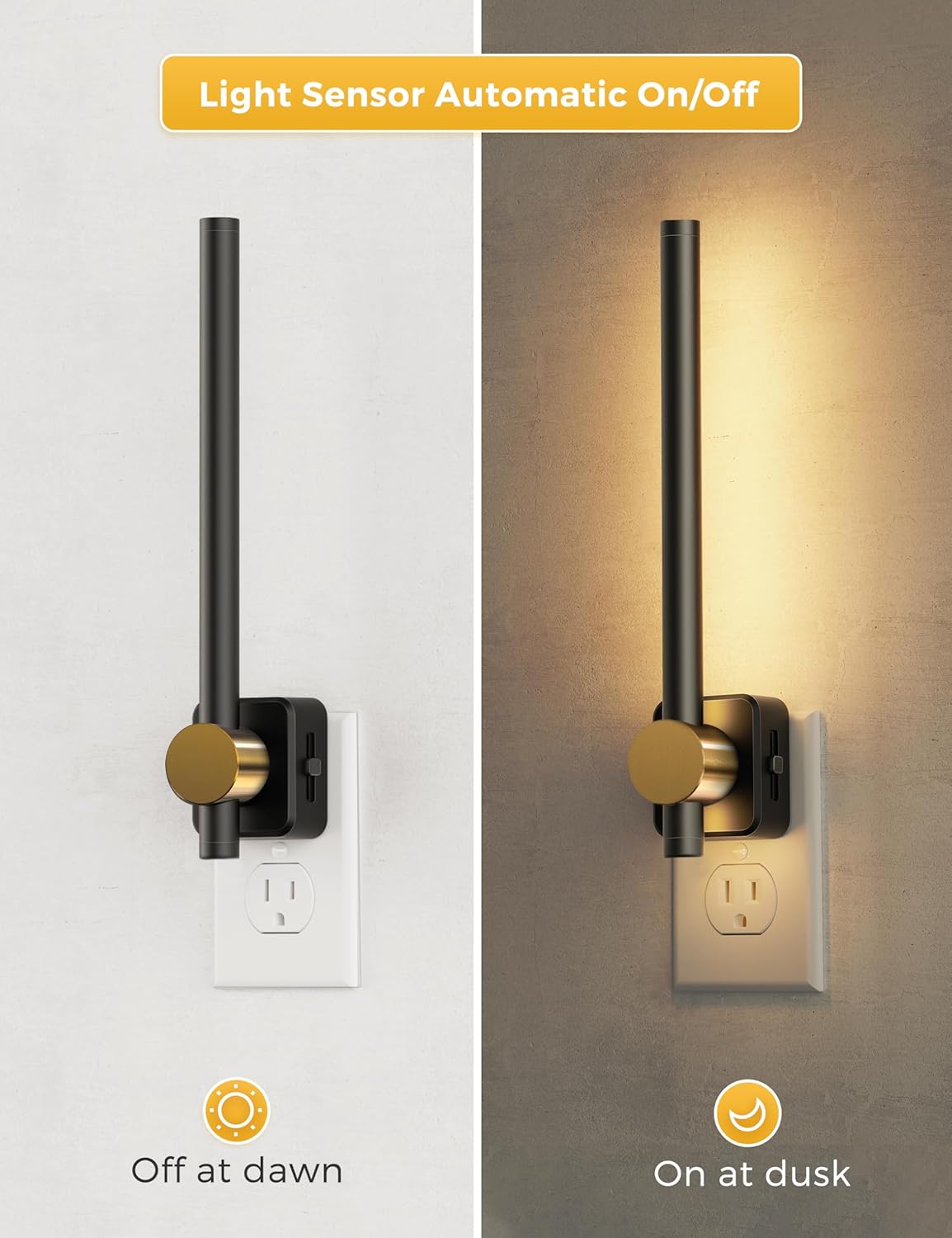 L LOHAS LED Night Light, [2-Pack] Night Lights Plug into Wall, Dimmable Night Light 0-200LM, Nightlights Black and Gold Vanity Nightlights for Bathroom Bedroom, Soft White 3000K, Dusk to Dawn Sensor