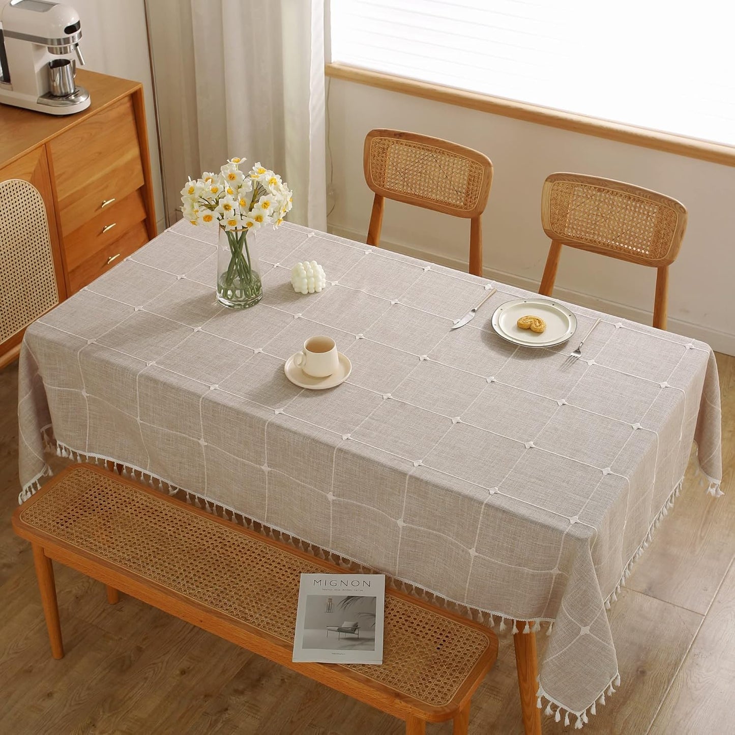 JIALE Tablecloths for Rectangle Tables,Cotton Linen Table Cloth Waterproof Tablecloth Wrinkle Free Farmhouse Dining Tables Cover,Soft Fabric Table Cloths with Tassels, Plaid, 55" X 102",8-10 Seats