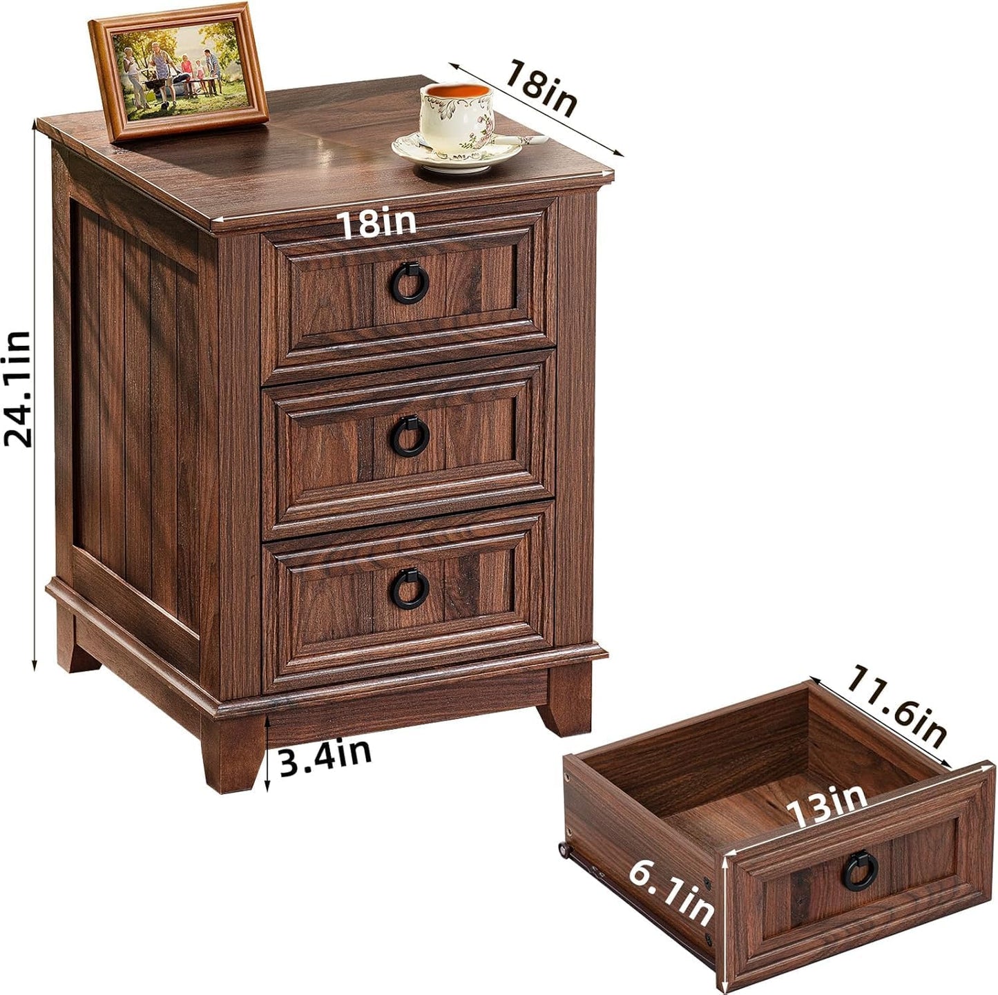 18" Farmhouse Night Stands Set of 2 with Charging Station, 2 & 3 Drawers End Table Dresser for Bedroom, Brown Wooden Nightstand, Bed Side Table with Open Shelf, Bedside Cabinet for Living Room