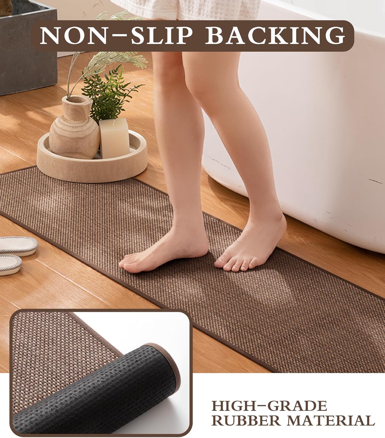 YIHOUSE Bathroom Rugs Sets 2 Pieces, Coffee Ultra Thin Bath Mats Fit Under Door, Absorbent Quickly Dry Rubber Backing Braided Bath Mat Set, Non Slip Washable Bath Rugs Mat for Bathroom Floor, Coffee