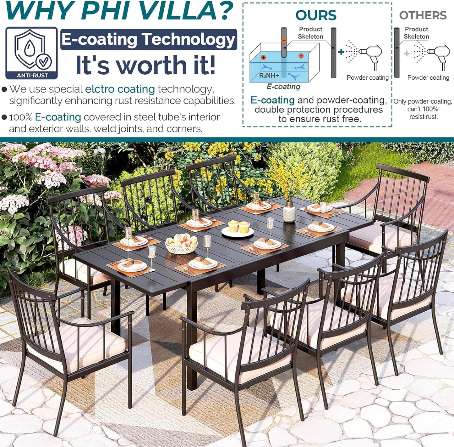 PHI VILLA 9 Piece Large Outdoor Dining Table Set, Expandable Rectangular Metal Dining Table & Cushioned Steel Chairs for Patio, Deck, Yard
