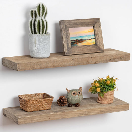 Floating Shelves, 8 Inch Deep Rustic Solid Reclaimed Wood Wall Shelves for Storage, Wall Mounted Display Shelving with Invisible Heavy-Duty Metal Bracket, 24 Inch Width Set of 2, Natural