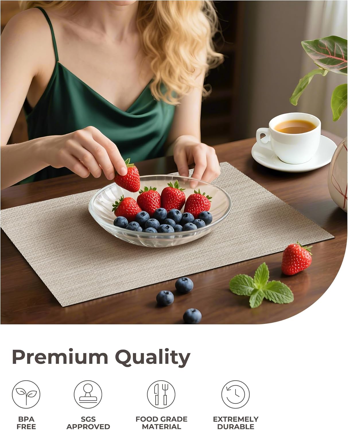 Leetaltree Beige White Placemats Set of 4 - Heat Resistant Non-Slip Place mats for Dining Table, Washable Durable PVC Vinyl Woven Table Mats（Beige White, 4）