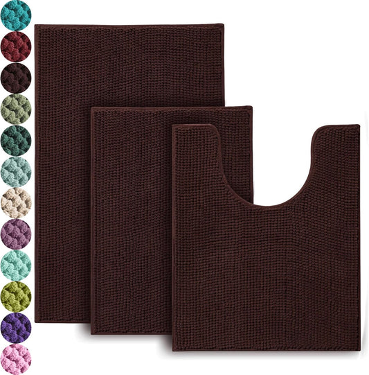 Urvoix Bathroom Rugs Set - 3 Pieces Ultra Soft Non-Slip Bath Mats, Chenille Absorbent Bath Rugs for Bathroom, Tub and Shower (Brown)