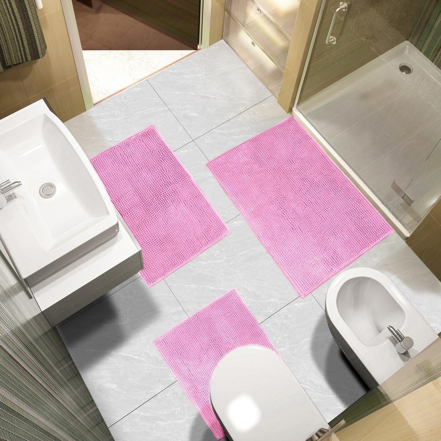 Urvoix Bathroom Rugs Sets 3 Piece, Non-Slip Chenille Bath Rug - Ultra Soft, Washable, Super Absorbent Bath Mat for Bathroom, Toilet and Tub (Pink)