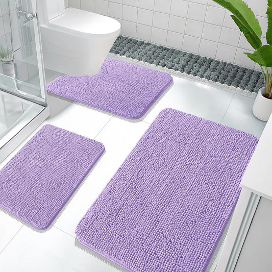 OLANLY Bathroom Rugs Sets 3 Piece, Soft Absorbent Chenille Bath Mats and U-Shaped Contour Toilet Rug, Quick Dry, Home Decor Accessories, Bath Mat Set for Bathroom (36"x24"+24"x16"+24"x20", Lavender)