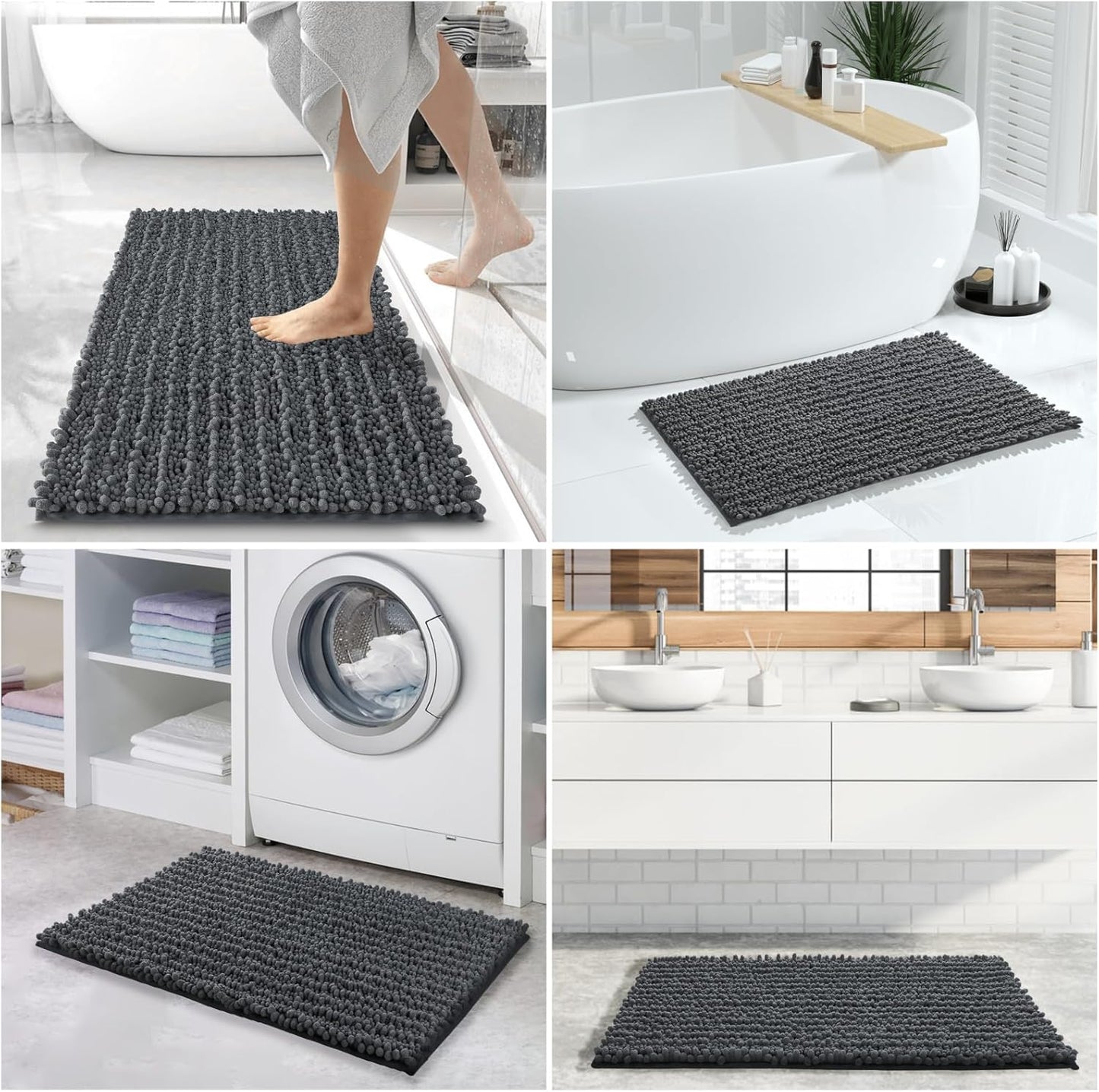 Yimobra Bathroom Rugs Sets 2 Piece - Quick Dry Extra Thick Luxury Chenille Bath Mat, Non Slip Super Absorbent for Tub Shower Sink, Machine Washable Shaggy Floor Mat, 32"x20"+24"x17" Inch, Dark Grey