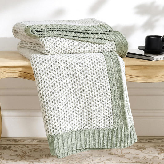 Amélie Home Honeycomb Knit Throw Blanket for Couch, Dual-Sided Soft Chenille Decorative Blankets for Sofa & Chair, 50"x60", Sage Green & White