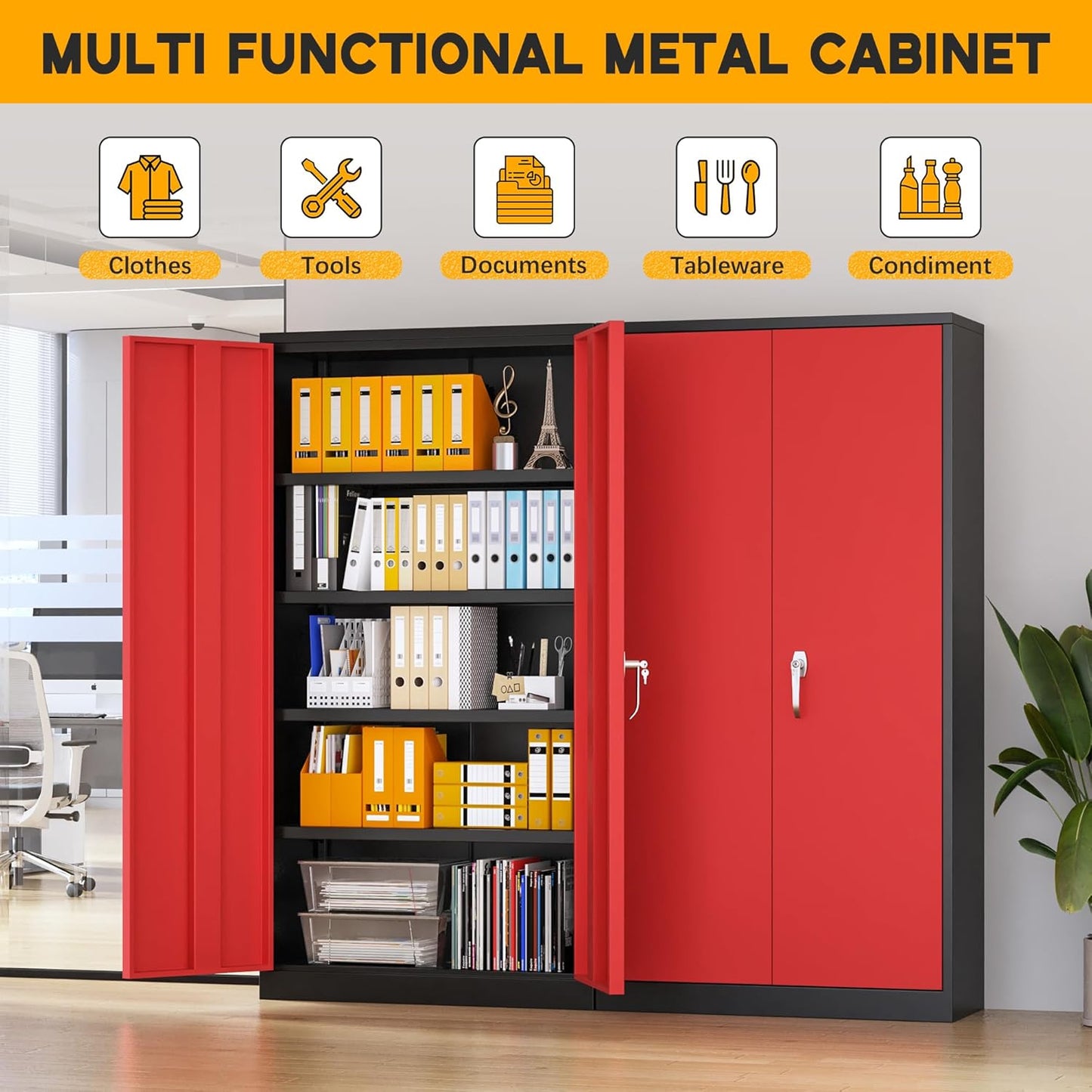 Greenvelly Metal Storage Cabinet with 2 Doors and 4 Adjustable Shelves, 72”H Steel Lockable Storage Cabinet,Tall Metal Garage Cabinet Locking File Cabinet for Office,Home, Garage, Gym, School