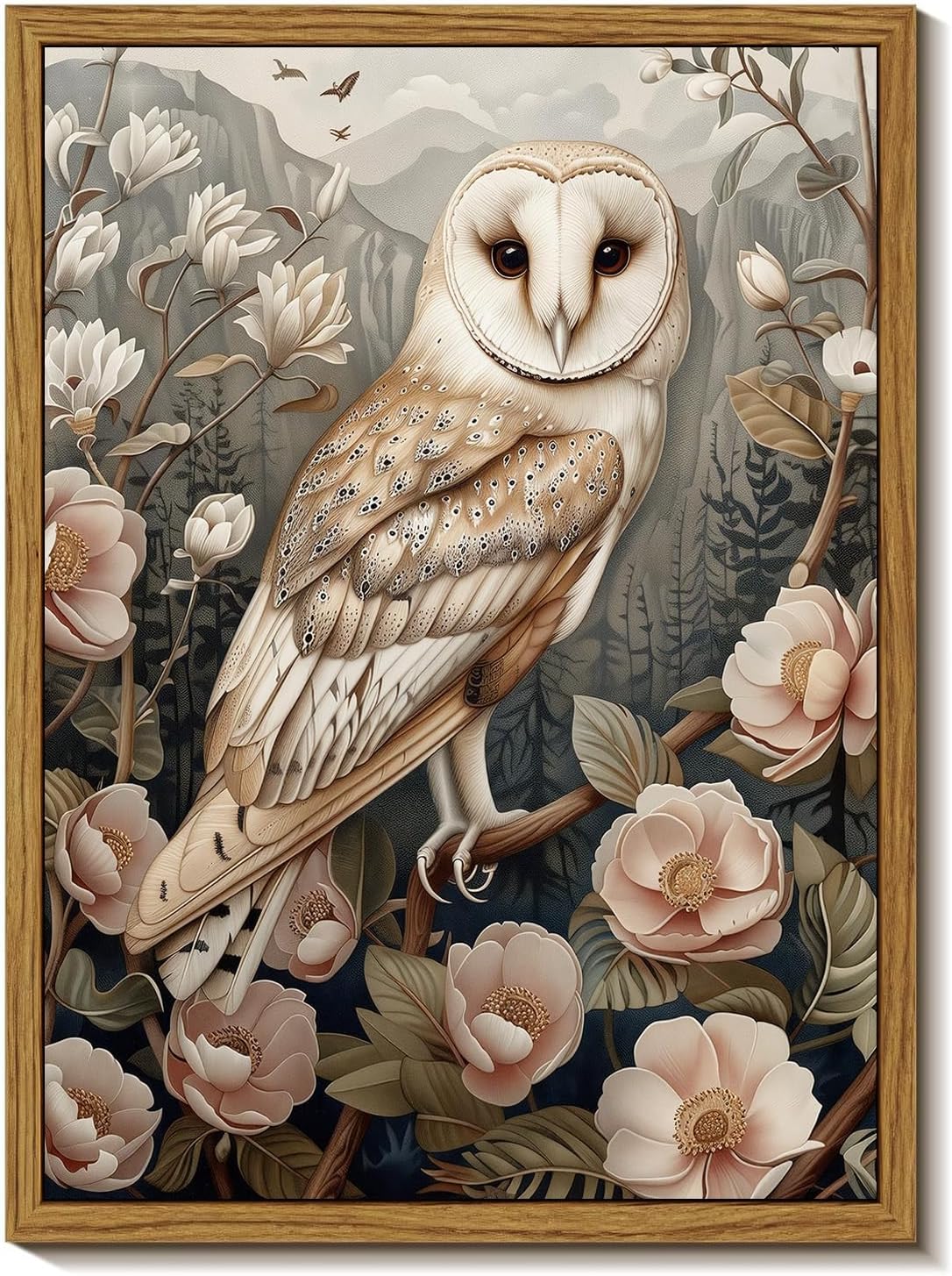 Djmwtb Vintage Framed Wall Art Floral Owl Canvas Wall Art Prints Flower Botanical Painting Nature Pictures Artwork for Bedroom Living Room 12x16in