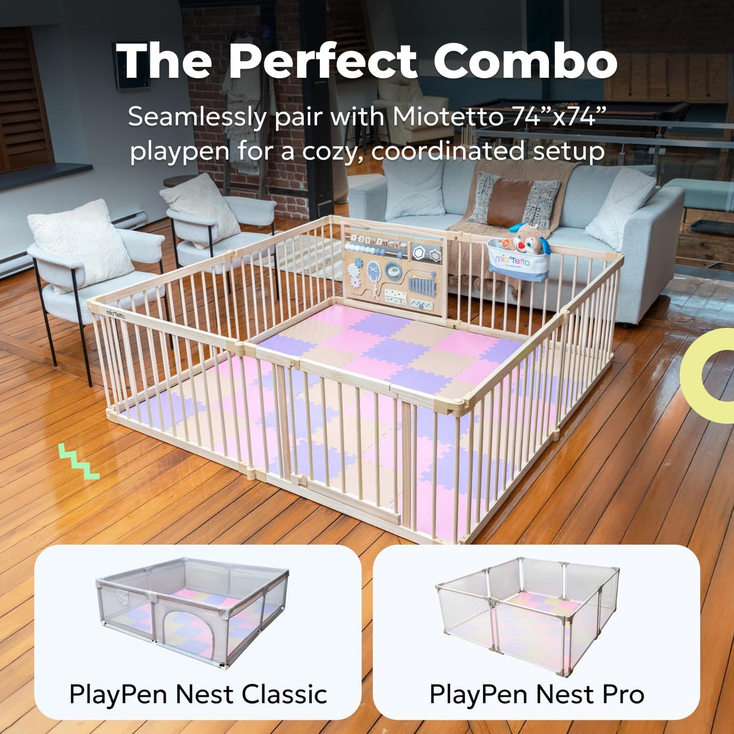 MioTetto Foam Floor Tiles for Kids - Non-Toxic Comfortable Baby Play Mat and Interlocking Foam Tiles, Fits with 74x74 Playpen Mat for Crawling & Development, Soft Play Mat for Babies 6-12 Months