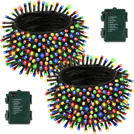2 Pack Battery Operated Christmas Lights with Timer, 66FT 200 LED Waterproof Battery Twinkle Light, 8 Modes Green Wire Fairy Lights for Indoor & Outdoor Bedroom Tree Christmas Decorations (Multicolor)