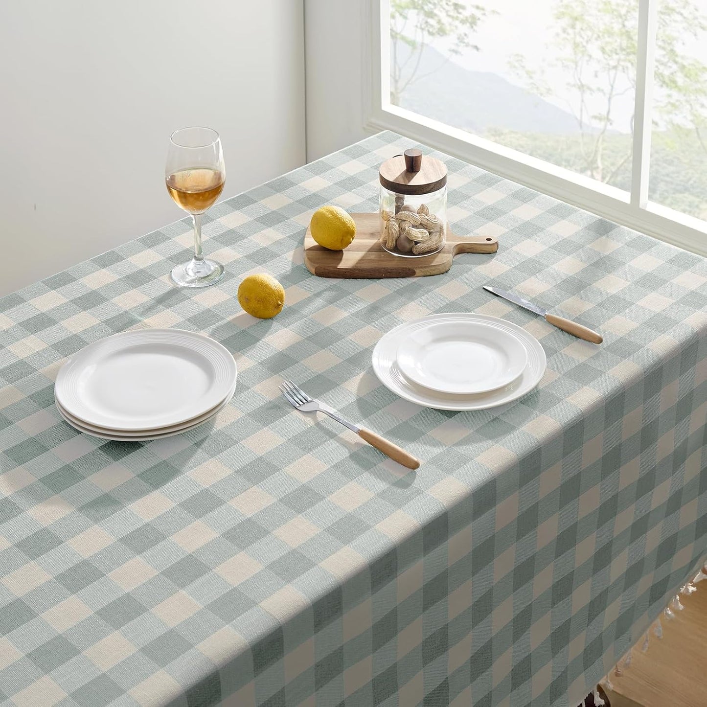 Softalker Checkered Tablecloth Rectangle, Heavy Weight Linen Gingham Outdoor Table Cloth with Tassel, Washable Wrinkle Free Buffalo Plaid Table Cover for Dining/Party/Home - 55 x 120 Inch, Aqua