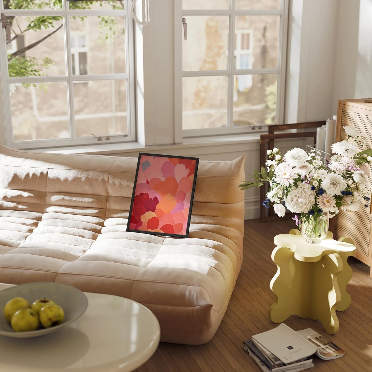 HAUS AND HUES Colorful Abstract Wall Art - Minimalist Retro Picture for Living Room Decor, Red and Pink Modern Wall Art Painting (Petals 1, Black Frame, 12x16)