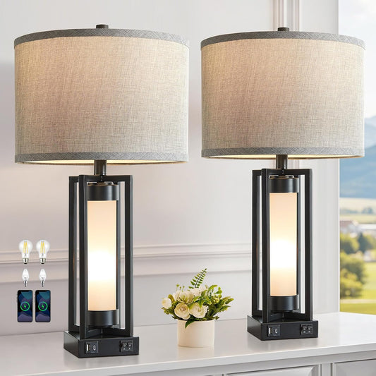 RORIANO Set of 2 Modern Table Lamps for Living Room with USB C+A Ports, Rustic Nightstand Lamp with White Night Light, Retro Desk Lamp for Bedroom End Table Entryway, 4 Bulb Included (Black)