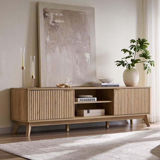 OKD 70" Mid Century Modern Fluted TV Stand, Entertainment Center, Sideboard, Media Console for Living Room with 2 Soft Close Door/Adjustable Shelves (Natural Oak)