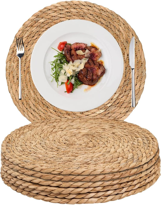 Woven Placemats Set of 6, 13.5" Round Rattan Placemats, Natural Water Hyacinth Place mats, Farmhouse Weave Place Mats, Rustic Braided Wicker Table Mats for Dining Table, Home, Outdoor