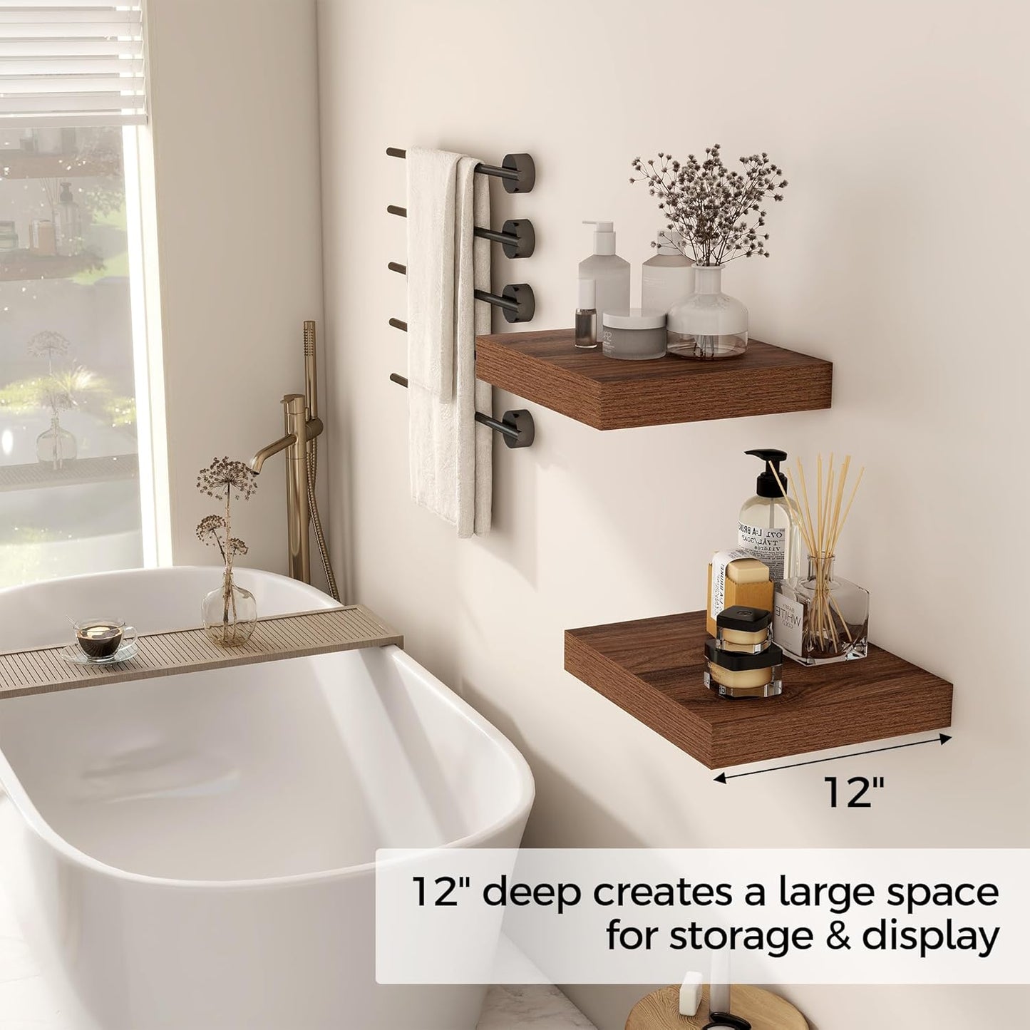 Fun Memories 12 Inch Floating Shelf, Rustic Wood Wall Shelves for Wall Decor & Storage, 12 x 12 Floating Shelf for Living Room, Bathroom, Bedroom, Walnut, Set of 2