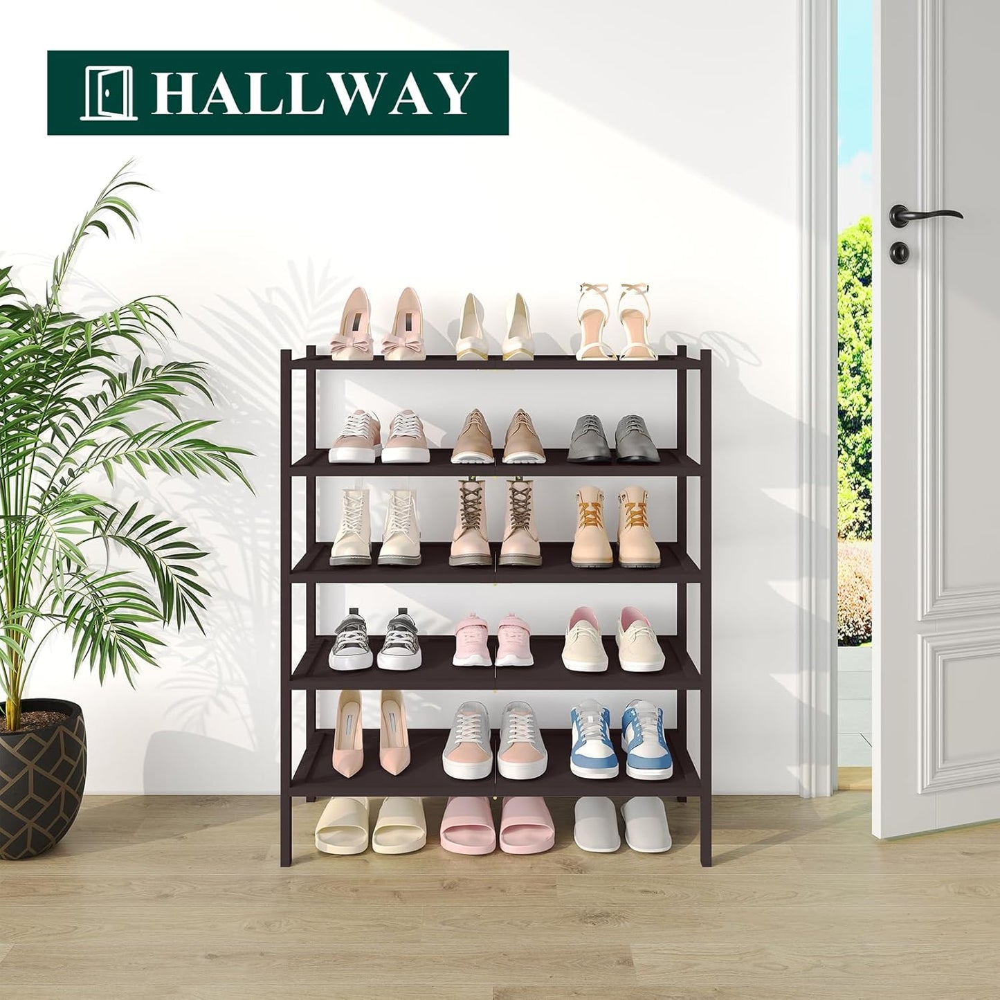 Smiry Bamboo Shoe Rack, 5 Tier Shoe Organizer for Entryway & Closet, Stackable Free Standing Storage Shelf for Shoes, Bags & Plants, Brown