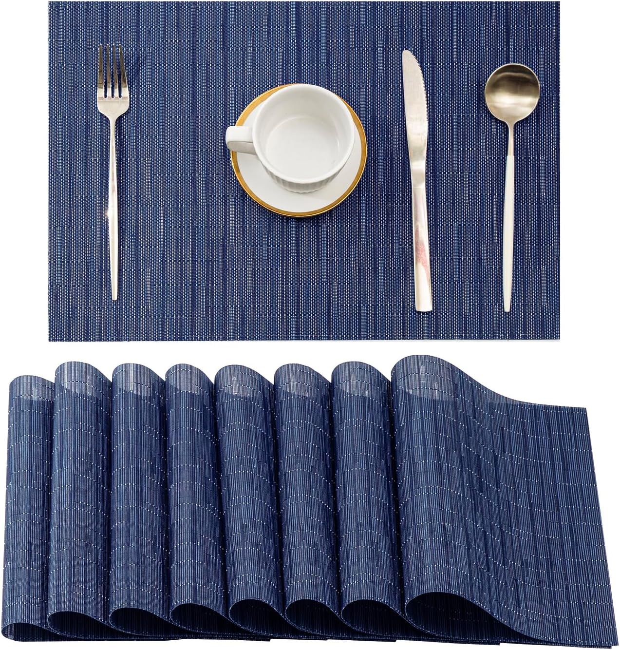Leetaltree Blue Placemats Set of 8 - Heat Resistant Non-Slip Place mats for Dining Table, Washable Durable PVC Vinyl Woven Table Mats（Blue, 8）
