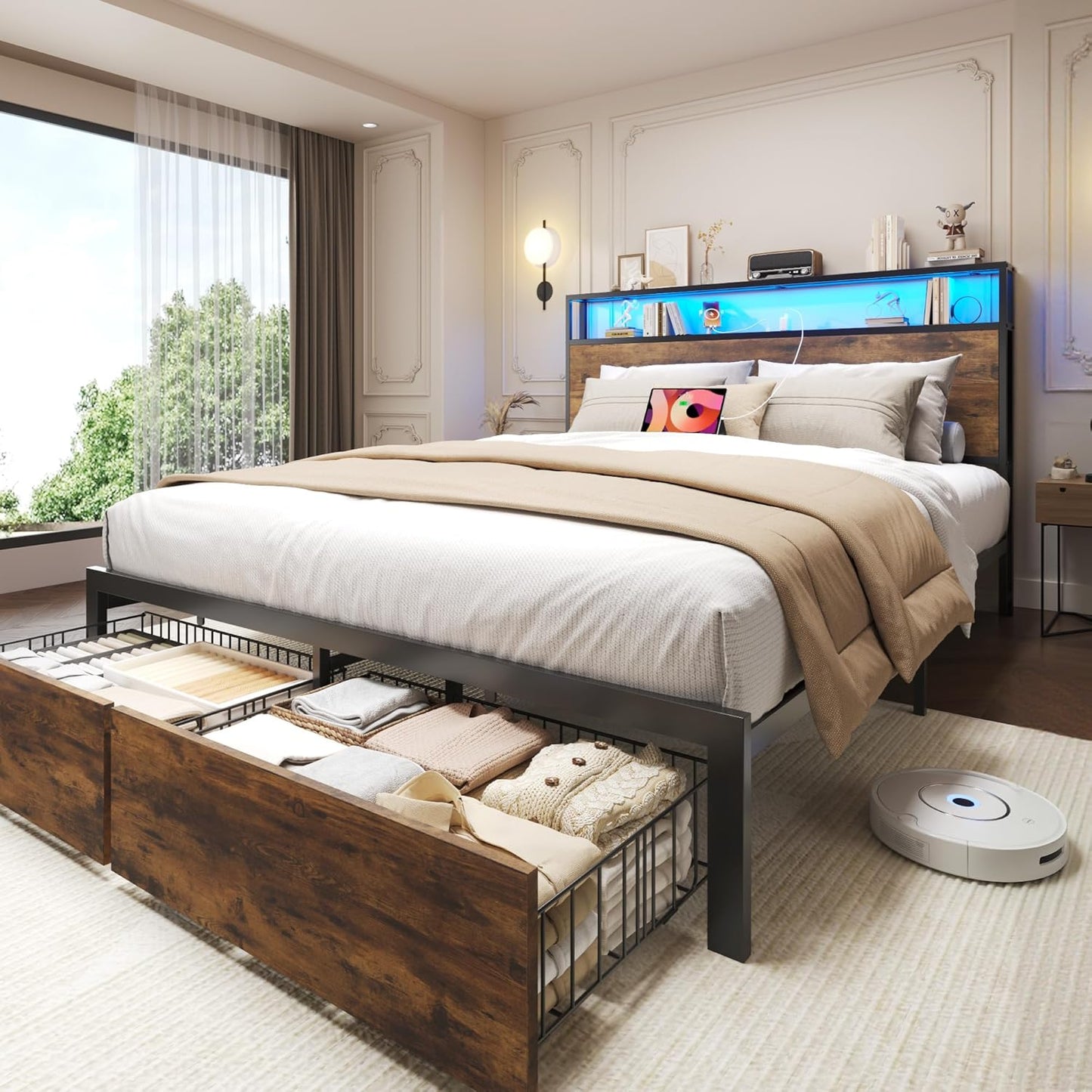 Lifezone Full Bed Frame with 2-Tier Storage Headboard, Metal Bed Frame with Storage Drawers & Built-in Charging Station & LED, Noise-Free, No Box Spring Needed, Easy Assembly, Retro Brown