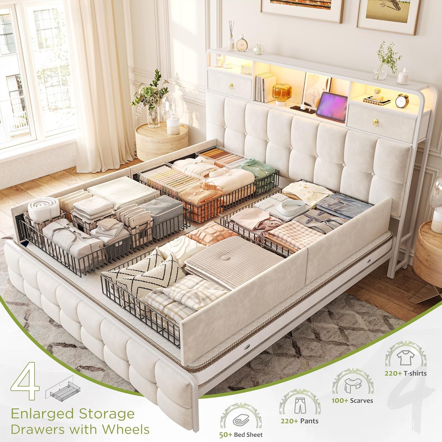 EnHomee Queen Bed Frame with Upholstered Headboard and 6 Storage Drawers,Camas Queen with LED Lights and Charging Station,no Box Spring Needed,No Noise, Easy Assembly,Velvet,Sturdy,Soft,Beige