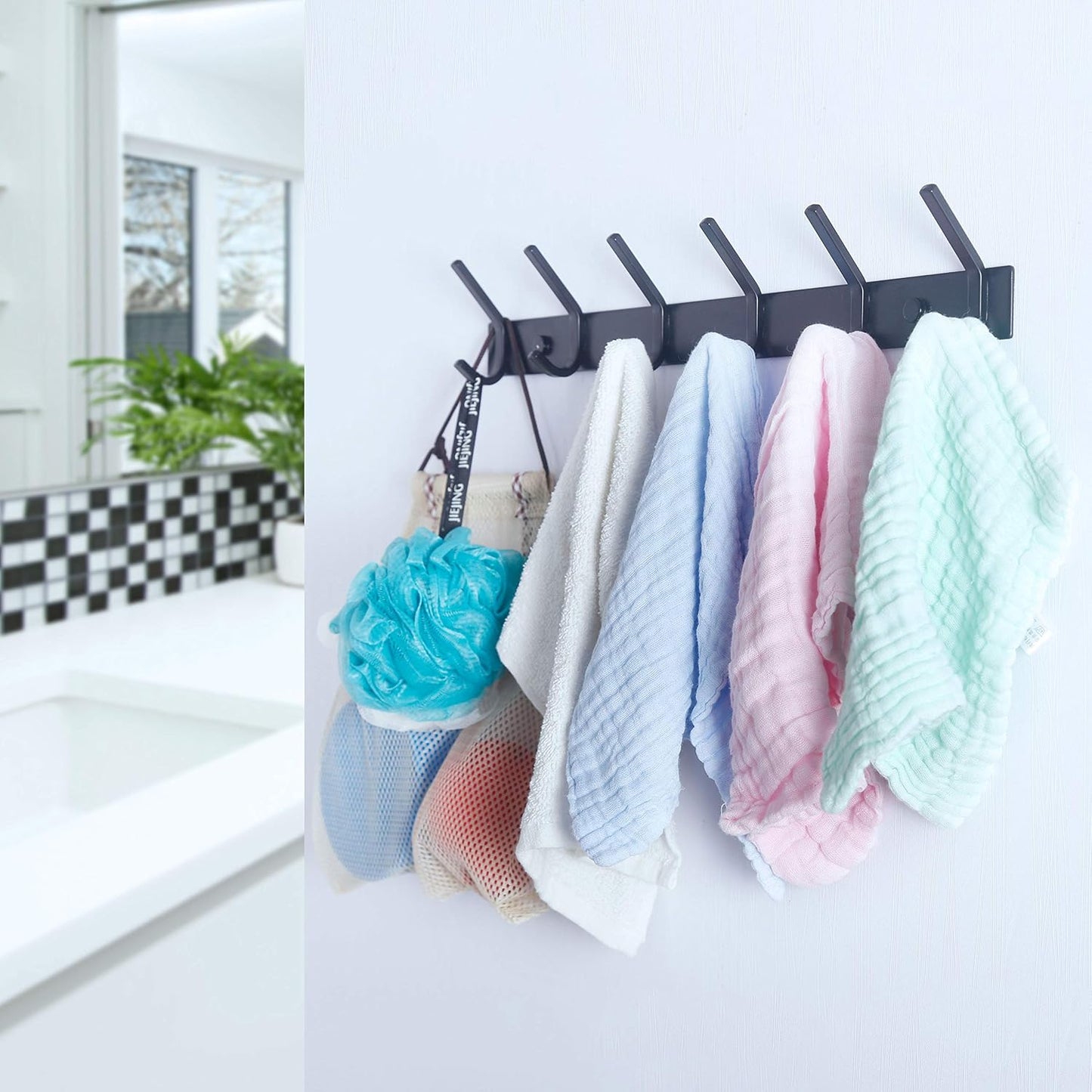 WEBI Coat Rack Wall Mounted,5 Coat Hooks for Hanging Coats,Heavy Duty Metal Double Hook Rack Hook Rail Coat Hanger Wall Mount for Clothes Entryway Jacket,Black,2 Packs