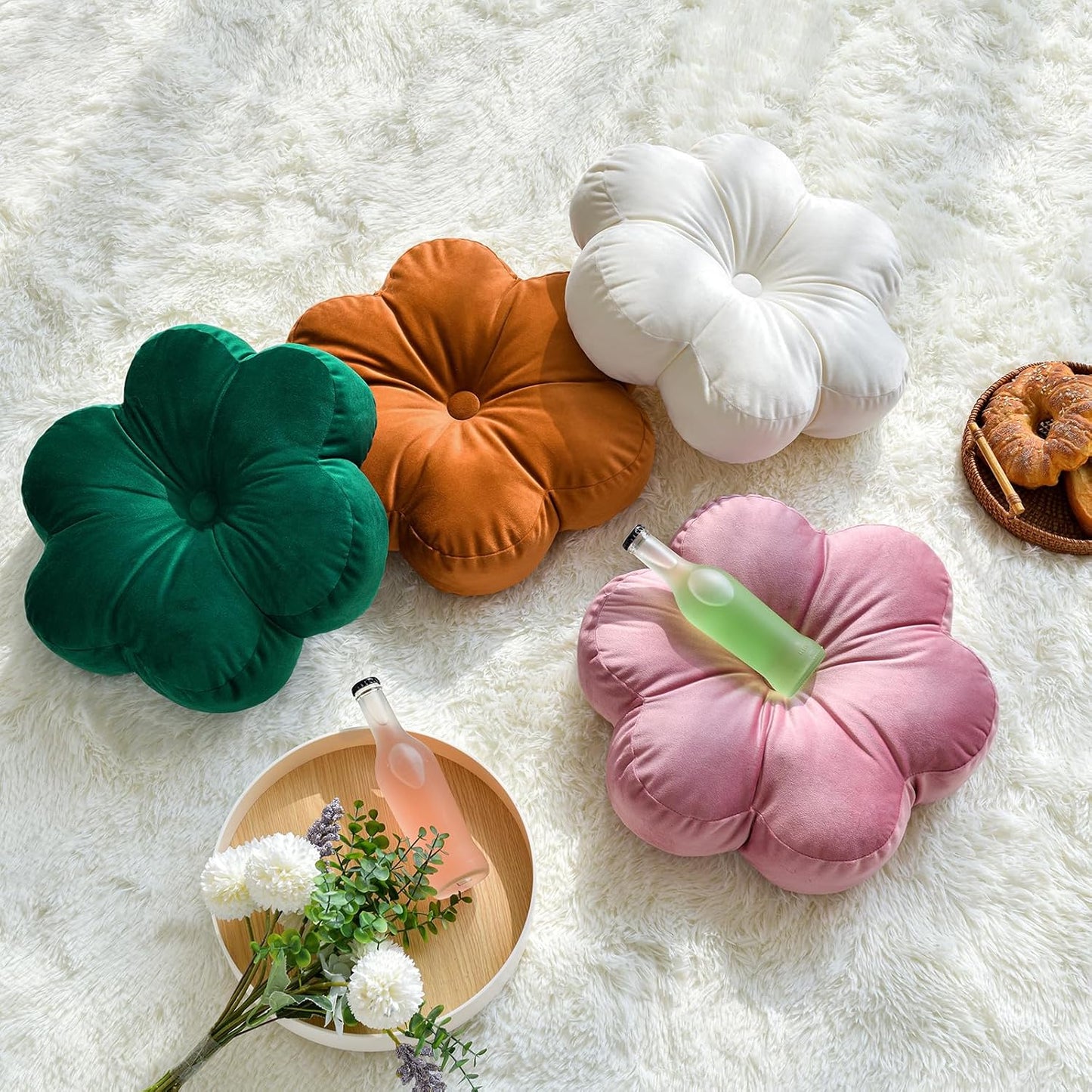 Xuyier Flower Pillow, Flower Shaped Pillow with Velvet for Couch Bed Chair Sofa, Home Decor Floor Seating Cushion Cute Throw Pillows for Living Room Bedroom (15 Inches, Dark Green)