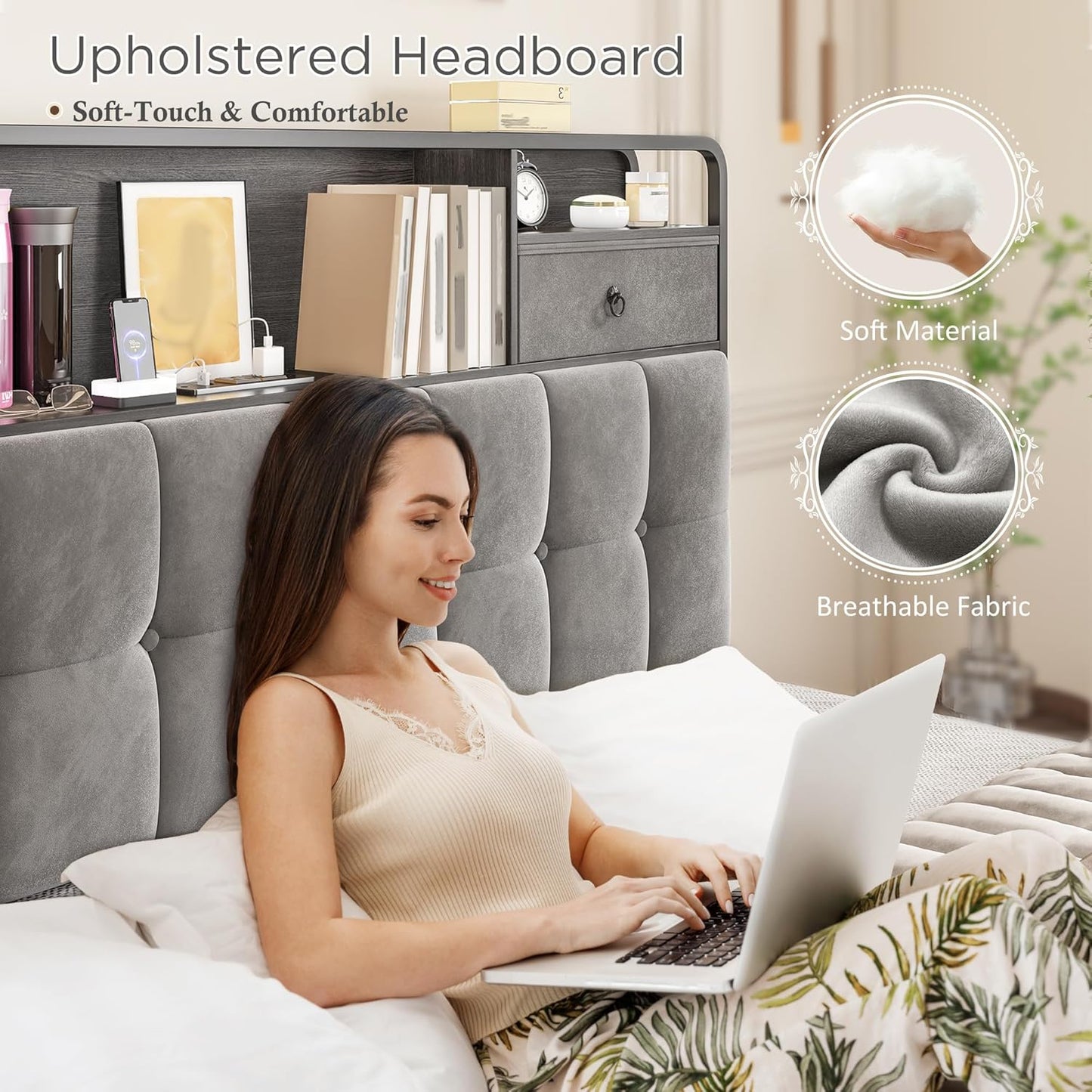 EnHomee King Size Bed Frame with 6 Storage Drawers and Upholstered Headboard,King Bed Frame with LED Lights and Charging Station,no Box Spring Needed,No Noise, Easy Assembly,Velvet,Sturdy,Soft,Grey