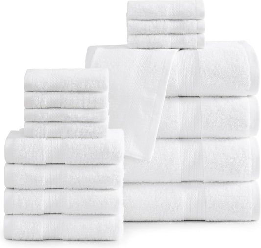 LANE LINEN 100% Mercerized Cotton Luxury Bathroom Towel Set - 16 Pcs - Super Soft, Fluffy & Highly Absorbent - 4 Bath Towels, 8 Washcloths, 4 Hand Towels - Complete Family Pack - White Bath Towel Set