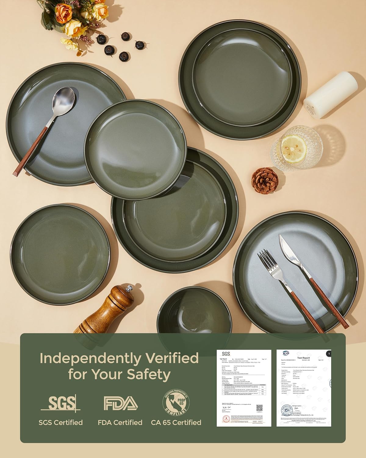 18 Piece Dinnerware Set for 6, Reactive Glaze Terracotta Plates and Bowls Set, Large Family-Sized Stoneware Dish Set for Gatherings, Chip and Scratch Resistant, Blackish Green