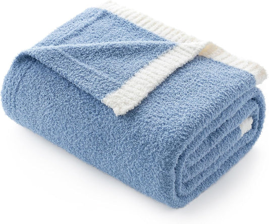 Snuggle Sac Ultra Soft Throw Blanket for Couch Bed Sofa 50x60 inches, Reversible Blue Blanket Microfiber Fluffy Fuzzy Cozy Knit Throws for Women Mothers Birthday Gifts