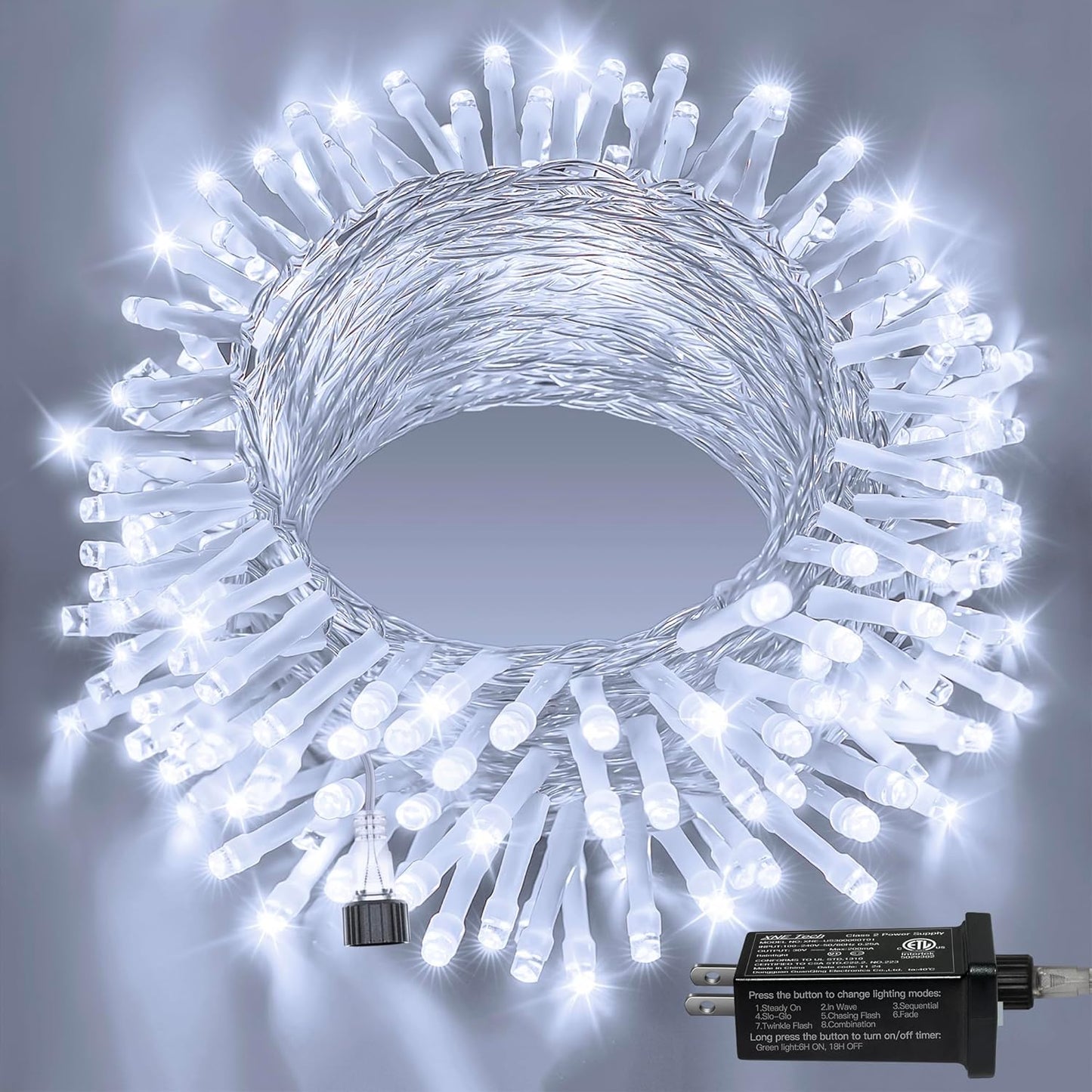 Ollny 120LED 40FT String Lights, Waterproof Connectable Christmas Lights with Timer 8 Modes, Cool White Plug in Fairy Light for Indoor Outdoor Bedroom Xmas Tree Holiday Party Decorations