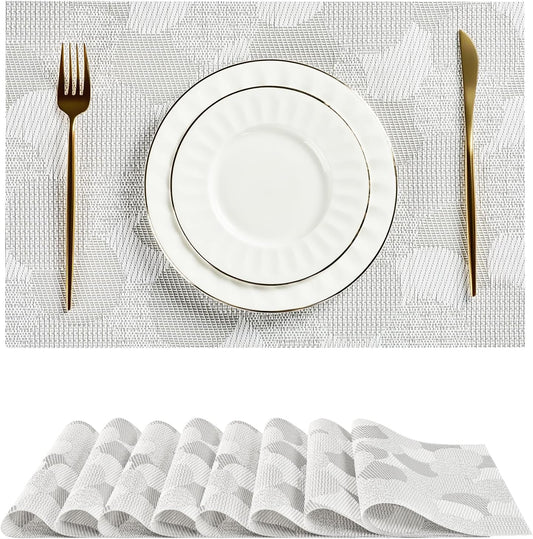 Leetaltree White Placemats Set of 8 - Heat Resistant Non-Slip Place mats for Dining Table, Washable Durable PVC Vinyl Woven Table Mats（White Circle,8）