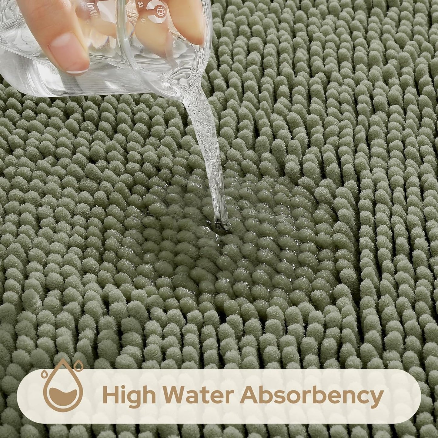 HOMEIDEAS 3 Pieces Bathroom Rugs, Ultra Soft Non Slip Absorbent Chenille Toilet Bath Mat Set (Sage Green,17"x24"+20"x32"+U Shape 20"x24")